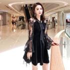 Bell-sleeve Lace Tie-neck Mini A-line Dress