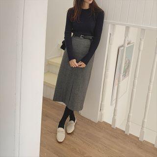 Long Herringbone Skirt With Belt