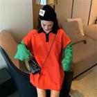 Color-block Long-sleeve Sweater Orange - One Size