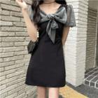 Puff-sleeve Bow Accent Mini A-line Dress Black - One Size