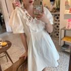 Puff-sleeve Embroidered Mini A-line Dress