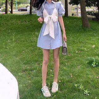 Set: Puff-sleeve A-line Mini Shirtdress + Spaghetti Strap Tie-front Crop Top