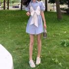 Set: Puff-sleeve A-line Mini Shirtdress + Spaghetti Strap Tie-front Crop Top