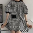 Short-sleeve Striped T-shirt Dress Stripe - White & Black - One Size