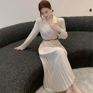 Mock Two-piece Accordion Pleat Maxi Blazer Dress