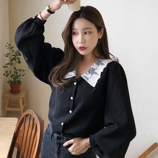 Lace-collar Balloon-sleeve Cardigan Black - One Size