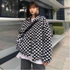 Checkerboard Print Fleece Zip-up Jacket