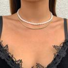 Set: Faux Pearl Choker + Chain Necklace 2707 - Gold - One Size