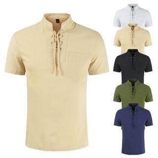 Short-sleeve Lace-up Stand-collar T-shirt