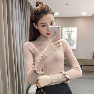 Faux Pearl Frill Trim Long Sleeve Knit Top