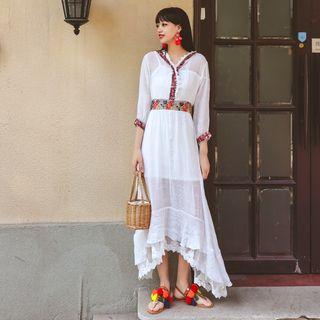 Floral Embroidered Hooded Midi A-line Dress With Slipdress