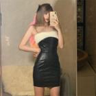 Spaghetti Strap Two-tone Faux Leather Mini Bodycon Dress