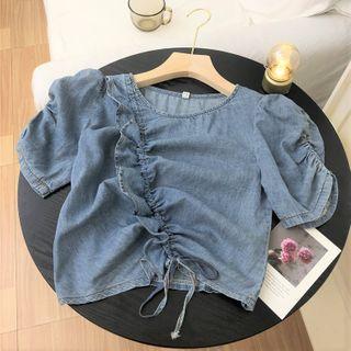 Ruffle Short-sleeve Denim Blouse
