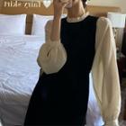 Puff-sleeve Two-tone Midi Shift Dress Black - One Size