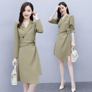 Collared Irregular Hem Long-sleeve A-line Dress