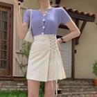 Short-sleeve Cropped Cardigan / Mini A-line Skirt