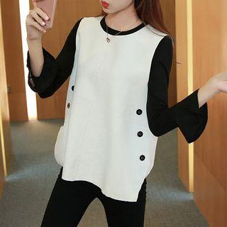 Set: Bell-sleeve Blouse + Buttoned Vest Blouse - Black - One Size / Vest - Almond - One Size