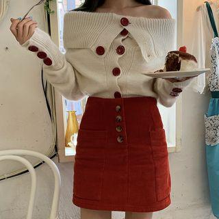 Off-shoulder Sweater / Corduroy Skirt