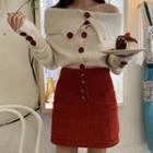 Off-shoulder Sweater / Corduroy Skirt