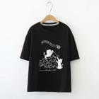 Elbow-sleeve Cat Print T-shirt Cat Print - Black - One Size
