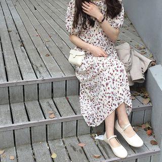 Round-neck Tie-waist Floral Print Dress Ivory - One Size