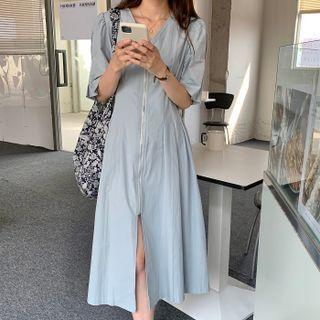 Short-sleeve Zipped Midi A-line Dress