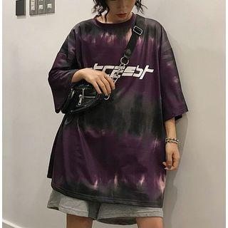 3/4-sleeve Tie Dye Letter T-shirt
