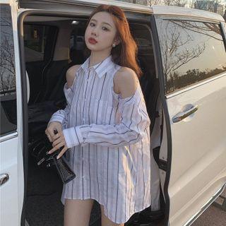 Cold-shoulder Striped Shirt Stripes - Black & White - One Size