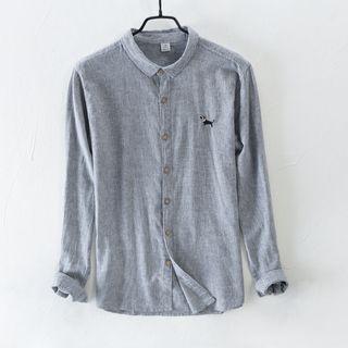 Dog Embroidered Striped Linen Blend Shirt
