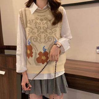 Floral Print Sweater Vest / A-line Skirt / Shirt