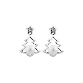 Sterling Silver Fashion Simple Christmas Tree White Freshwater Pearl Stud Earrings Silver - One Size