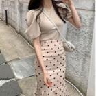 Short-sleeve Plain T-shirt / Dot Print Midi Skirt