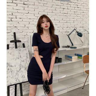 Short-sleeve Cutout Mini Bodycon Dress Navy Blue - One Size