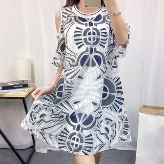 Set: Elbow-sleeve Patterned A-line Dress + Tank Dress