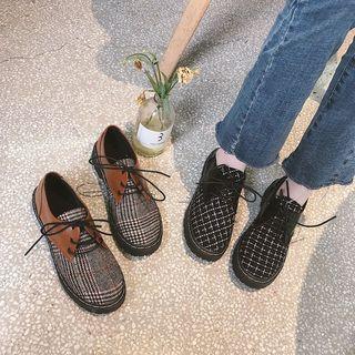 Plaid Panel Chunky Heel Lace Up Shoes