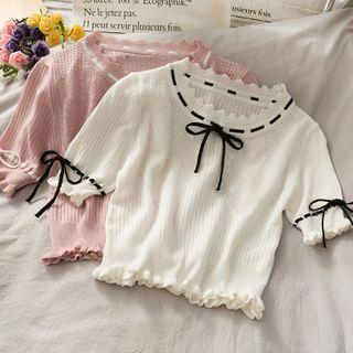 Ribbon-accent Ruffled Light Knit Top