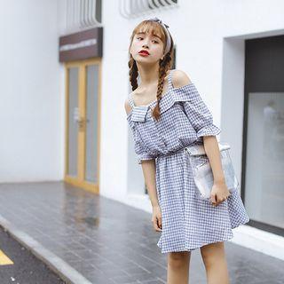 Off-shoulder Strap Gingham Dress
