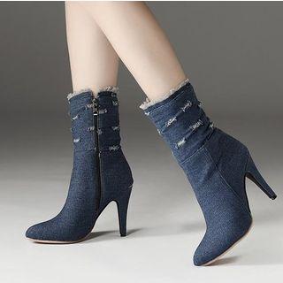 Ripped High-heel Denim Mid-calf Boots