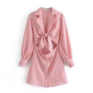Long-sleeve Gingham Cutout Mini A-line Dress