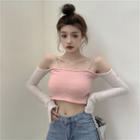 Two-tone Cold-shoulder Cropped Knit Top Pink - One Size