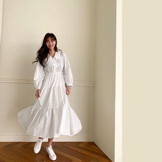 Lace-collar Tiered Long Shirtdress Ivory - One Size