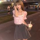 Short-sleeve Floral Ruched Crop Top / Lace Camisole Top / Pleated Mini A-line Skirt