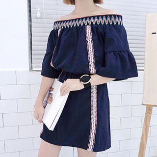 Off-shoulder Elbow-sleeve Minidress
