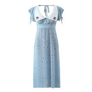 Cap-sleeve Collar Floral Maxi A-line Dress