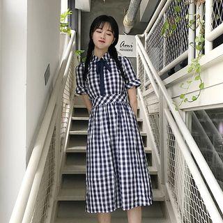 Short-sleeve Check A-line Midi Dress