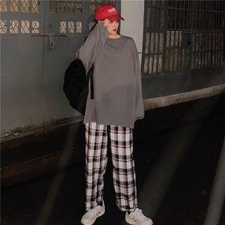 Long Sleeve Print Top / Plaid Wide-leg Pants