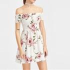 Short-sleeve Off-shoulder Floral A-line Dress