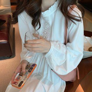 Lace Trim Long-sleeve Midi Shift Dress White - One Size