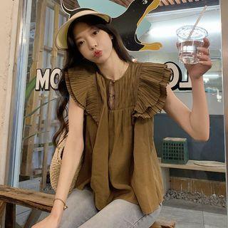Cap-sleeve Cutout Blouse Khaki - One Size