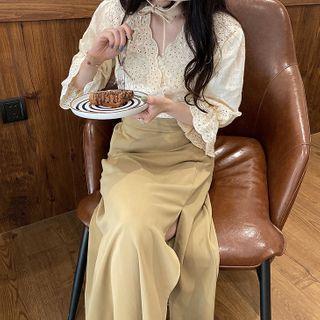 3/4-sleeve Embroidered Blouse / Midi A-line Skirt